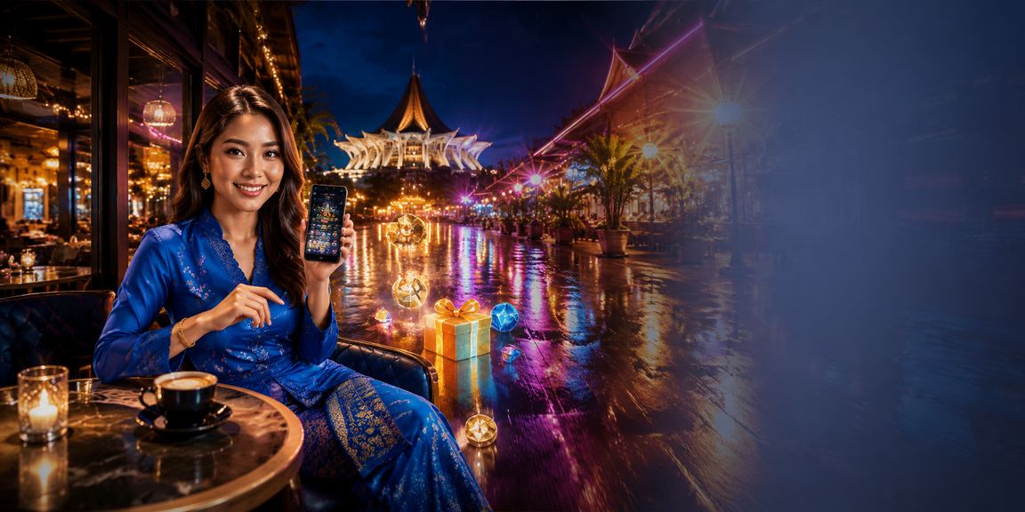 A Sarawak player using the syukur88 mobile casino in traditional baju kurung